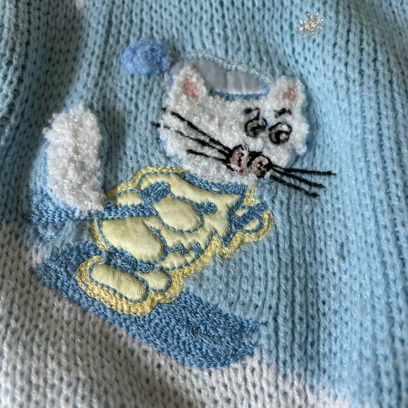 Vintage knit sweater embroidered skiing cat 70s 80s baby    3 / 6 months retro - Picture 3 of 13